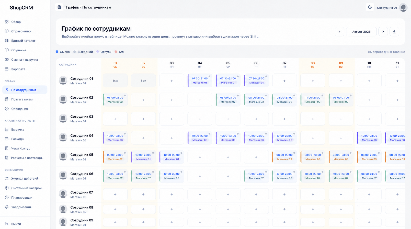 Обезличенный график сотрудников в ShopCRM